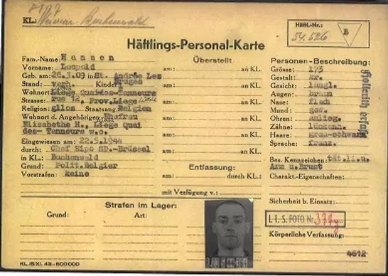 « Fiche d’entrée de Léopold Hansen dans le camp de concentration de Buchenwald  »
